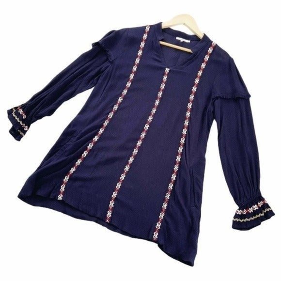 Tularosa X Revolve Arabella Navy Embroidered Elastic Cuffs Tunic Dress XS - Picture 2 of 12